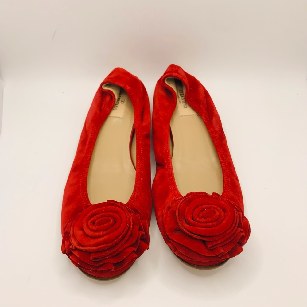 Valentino Garavani Red Suede Flower Ballet Flats